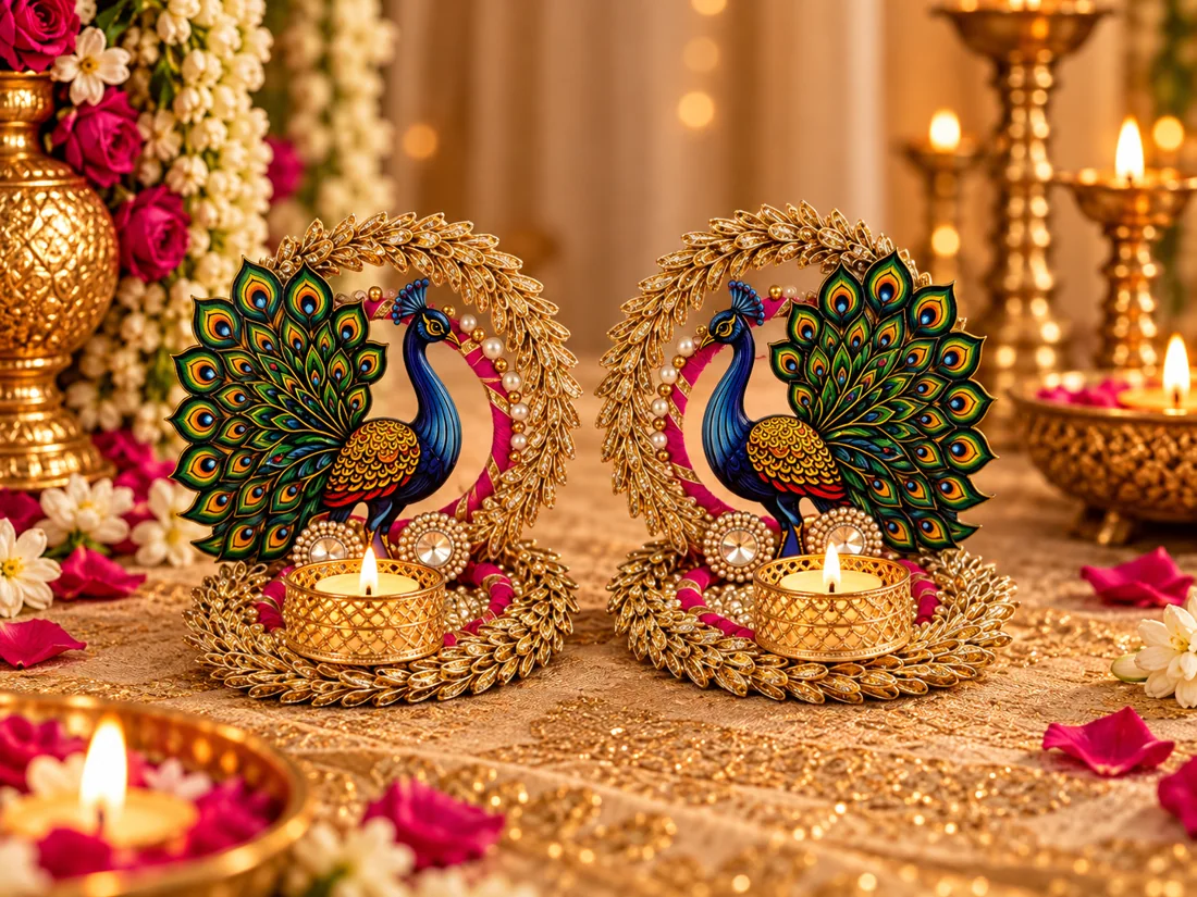 Peacock tealight holders glowing on a gold brocade table
